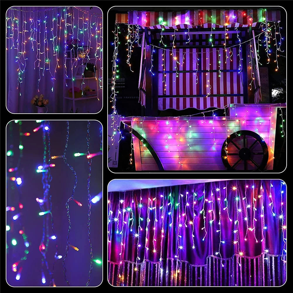 Colorful LED solar string lights for garden hanging on outdoor pergola and curtains