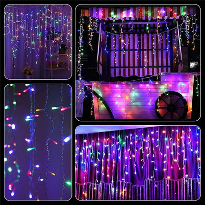 Colorful LED solar string lights for garden hanging on outdoor pergola and curtains
