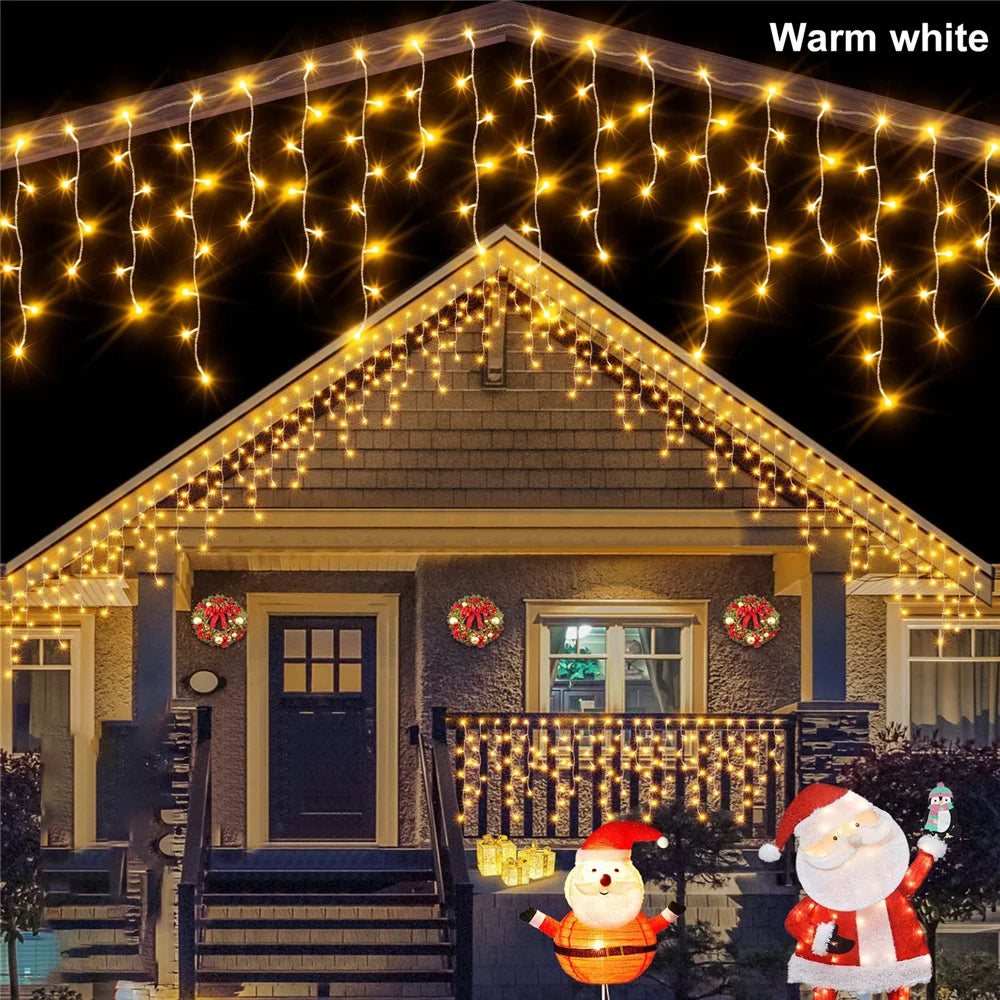 Warm white LED solar string lights for garden hanging on house roof and porch at night