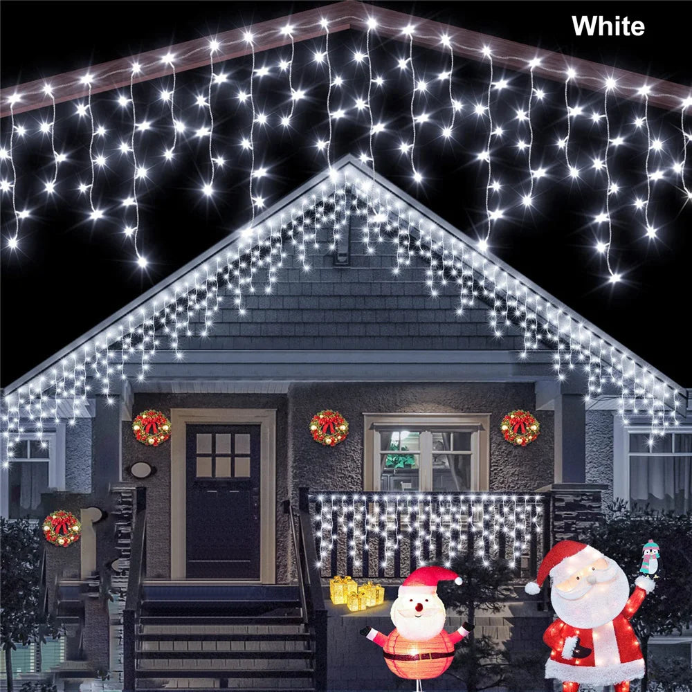 White LED solar string lights for garden hanging like icicles on house exterior for holiday decor