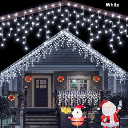 White LED solar string lights for garden hanging like icicles on house exterior for holiday decor
