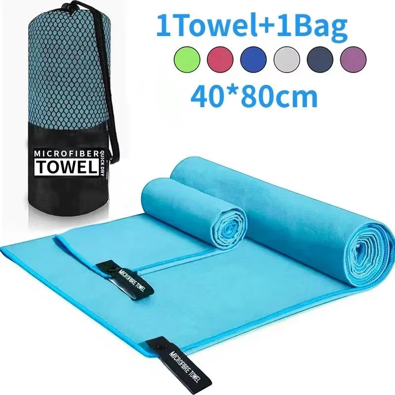 Blue quick drying sports towel made of microfiber with carrying bag 40 by 80 centimeters