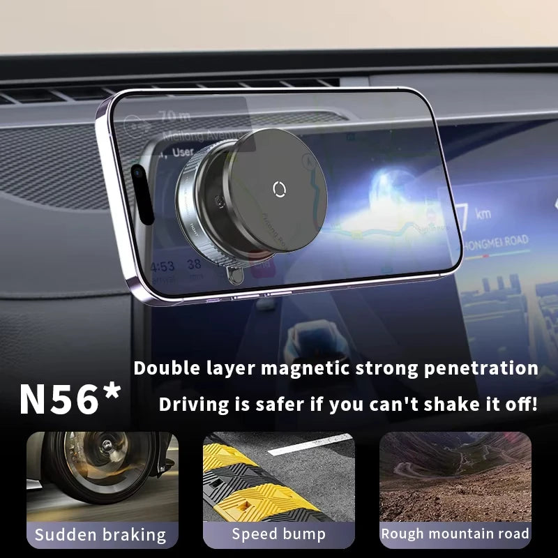 DFShop magnetic car phone holder securely holding a smartphone on car dashboard during sudden braking speed bump and rough mountain road