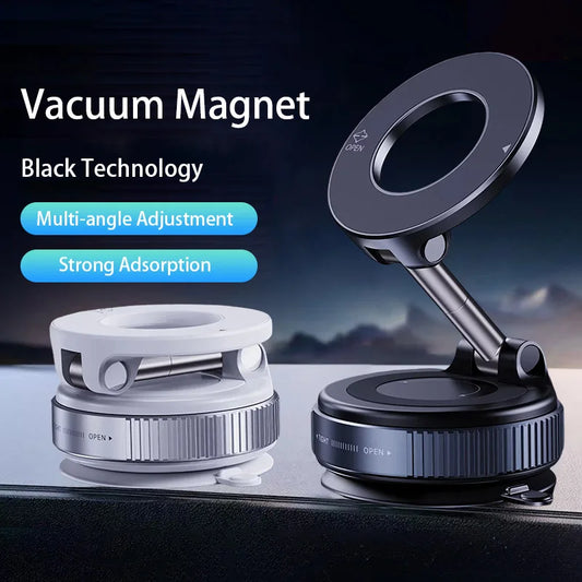 Black and white magnetic car phone holder with vacuum magnet and multi-angle adjustment