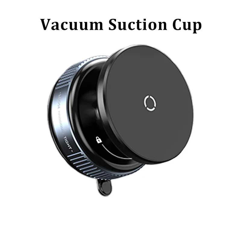 Black magnetic car phone holder with vacuum suction cup for secure car mounting