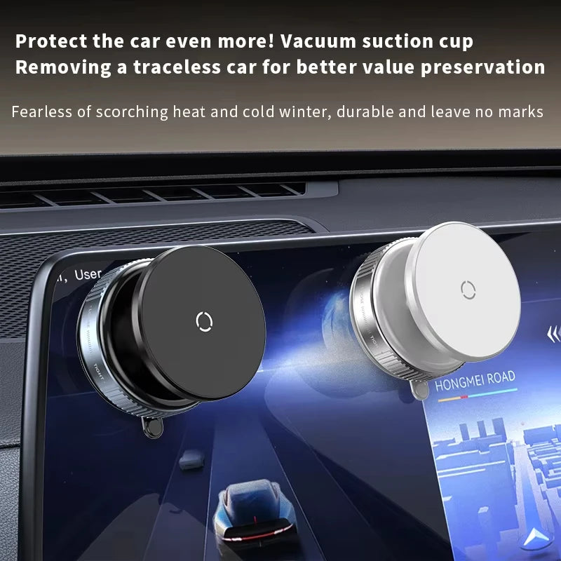 Black and silver magnetic car phone holder with vacuum suction cup mounted on car dashboard