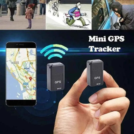 DFShop micro magnetic GPS tracker shown next to smartphone with tracking map and hand holding small GPS device