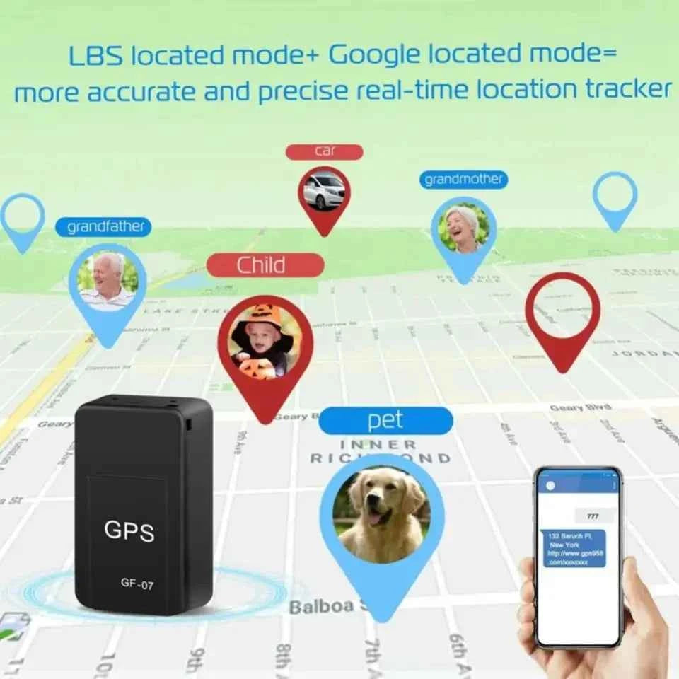 Micro magnetic GPS tracker by DFShop showing real-time location tracking for car child pet and grandparents on a map
