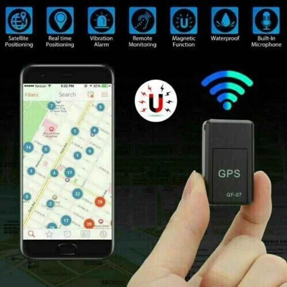 DFShop micro magnetic GPS tracker held between fingers showing real time positioning on smartphone map