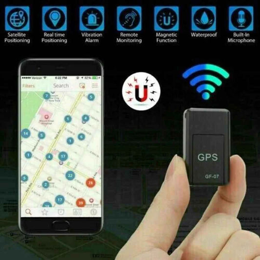 DFShop micro magnetic GPS tracker held between fingers showing real time positioning on smartphone map