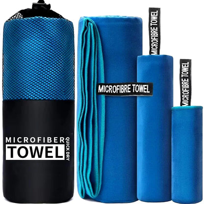 Blue quick drying sports towel microfiber set with carrying mesh bag by DFShop