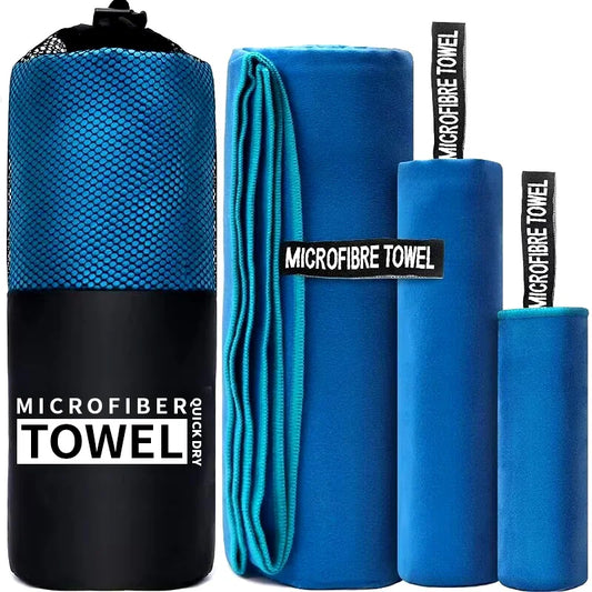 Blue quick drying sports towel microfiber set with carrying mesh bag by DFShop
