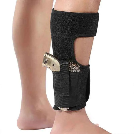 Black multi-functional leg strap pouch worn on ankle holding a handgun securely