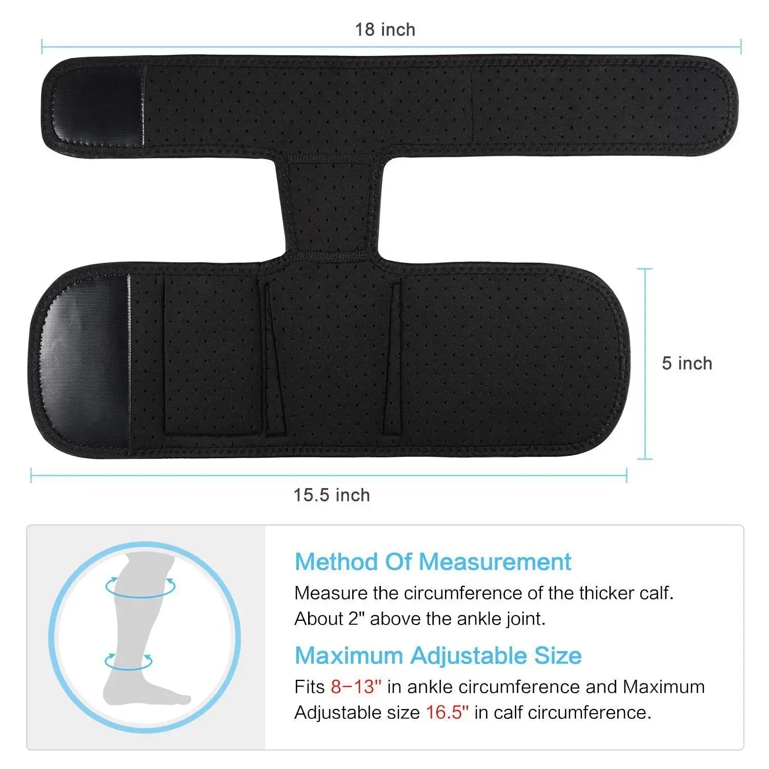 Black multi-functional leg strap pouch with adjustable size for calf circumference up to 16.5 inches