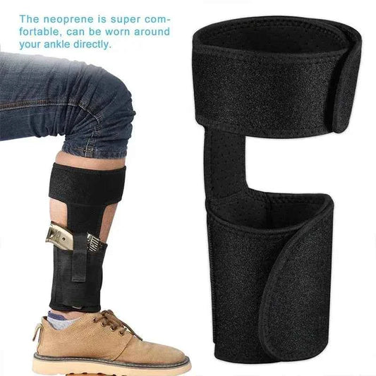 Black neoprene multi-functional leg strap pouch worn around ankle for secure storage