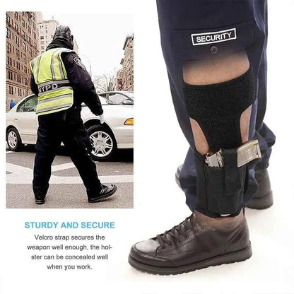 Multi-functional leg strap pouch with Velcro strap securing a concealed weapon holster for security personnel