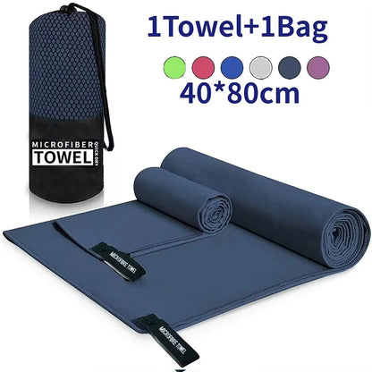 Quick drying sports towel in navy blue with carrying bag included measuring 40 by 80 centimeters