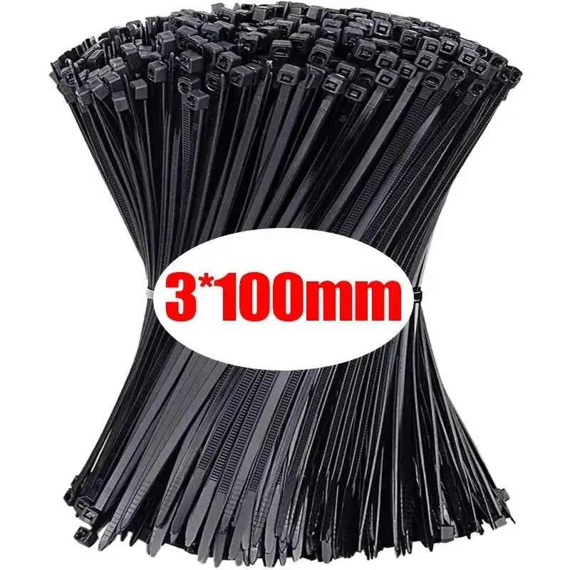 Bulk pack of black nylon cable ties bulk measuring 3 by 100 millimeters for organizing cables