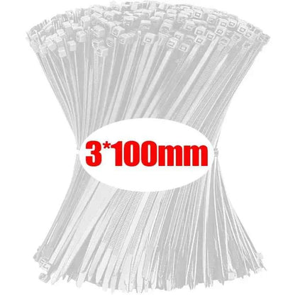 Bundle of white nylon cable ties bulk measuring 3 by 100 millimeters for organizing cables