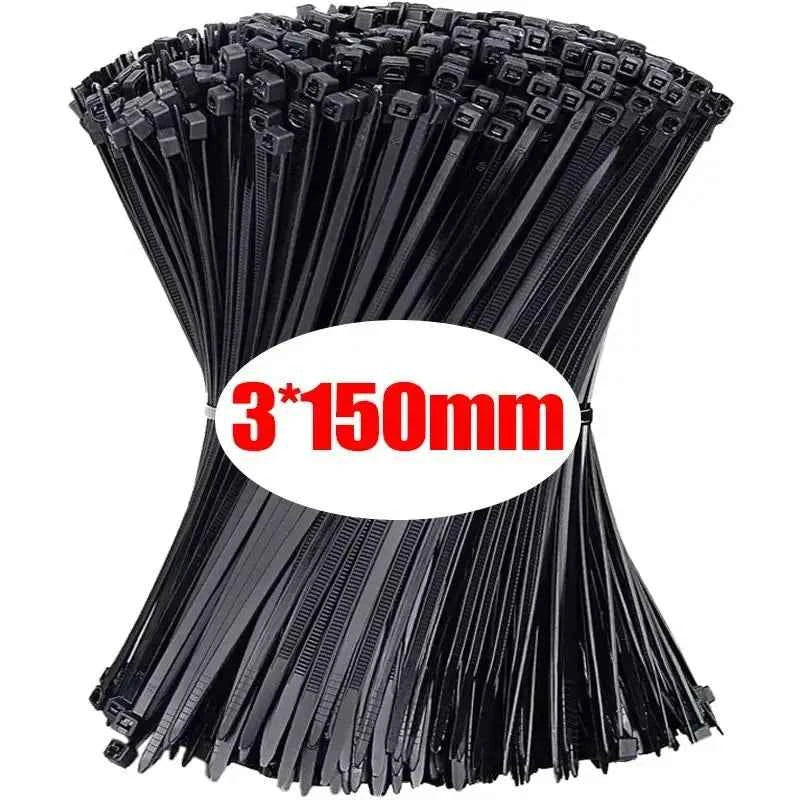 Bundle of black nylon cable ties bulk measuring 3 by 150 millimeters for organizing and securing cables