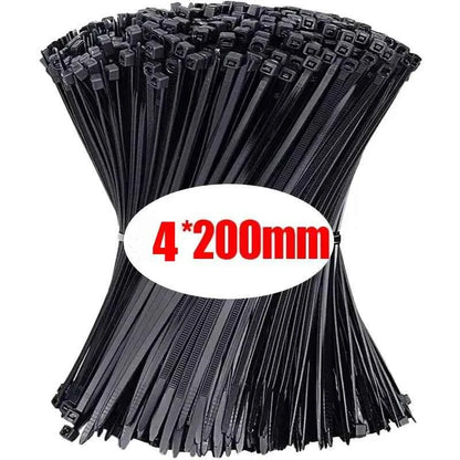 Black nylon cable ties bulk 200mm length organized in a large bundle for secure fastening