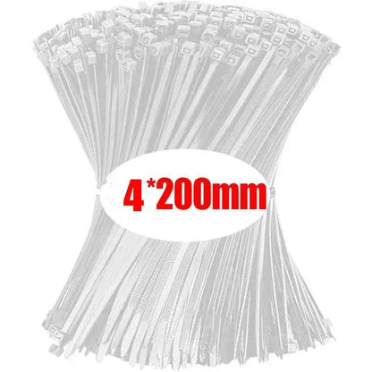 Bulk pack of 200 nylon cable ties bulk measuring 4 by 200 millimeters for organizing cables