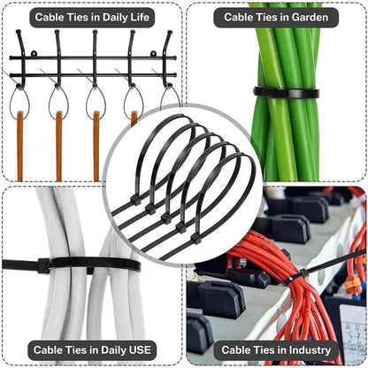 Black nylon cable ties bulk used for organizing cables, garden plants, daily use, and industrial wiring