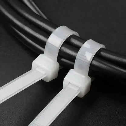 White nylon cable ties bulk securing black cables in organized bundle from DFShop