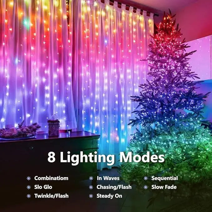 Colorful outdoor solar fairy lights hanging on curtains and decorating a Christmas tree with eight lighting modes