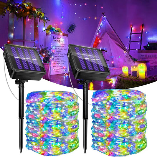 Colorful outdoor solar fairy lights with dual solar panels for garden and patio decoration