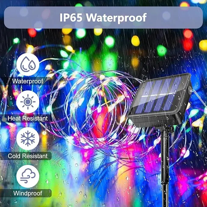 Outdoor solar fairy lights with IP65 waterproof solar panel and multi-color LED string in rain