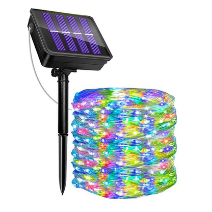 Colorful outdoor solar fairy lights with black solar panel and stake for garden decoration
