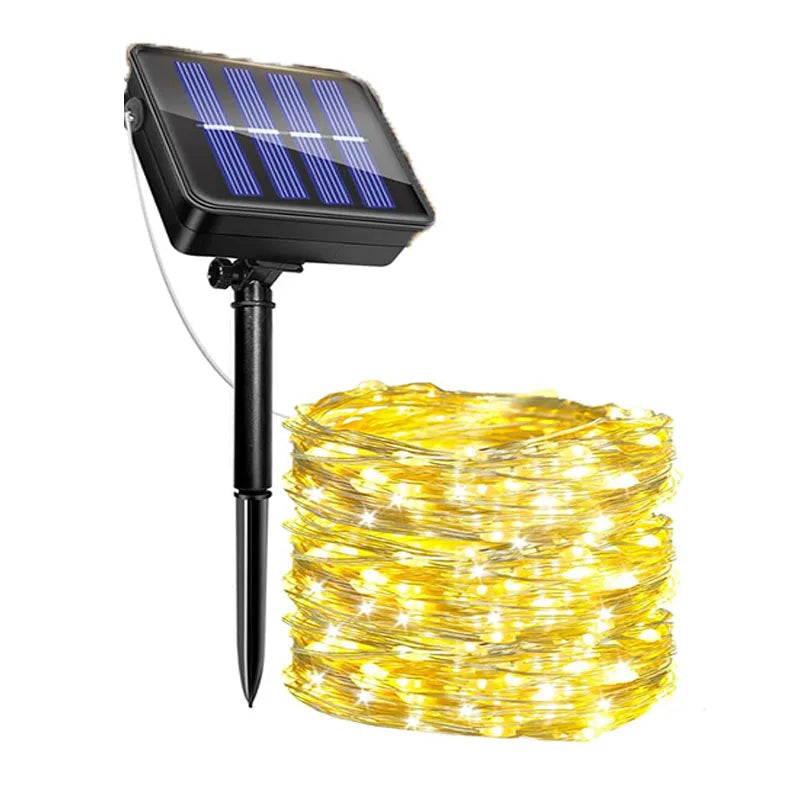Outdoor solar fairy lights with solar panel and warm white LED string lights for garden decoration