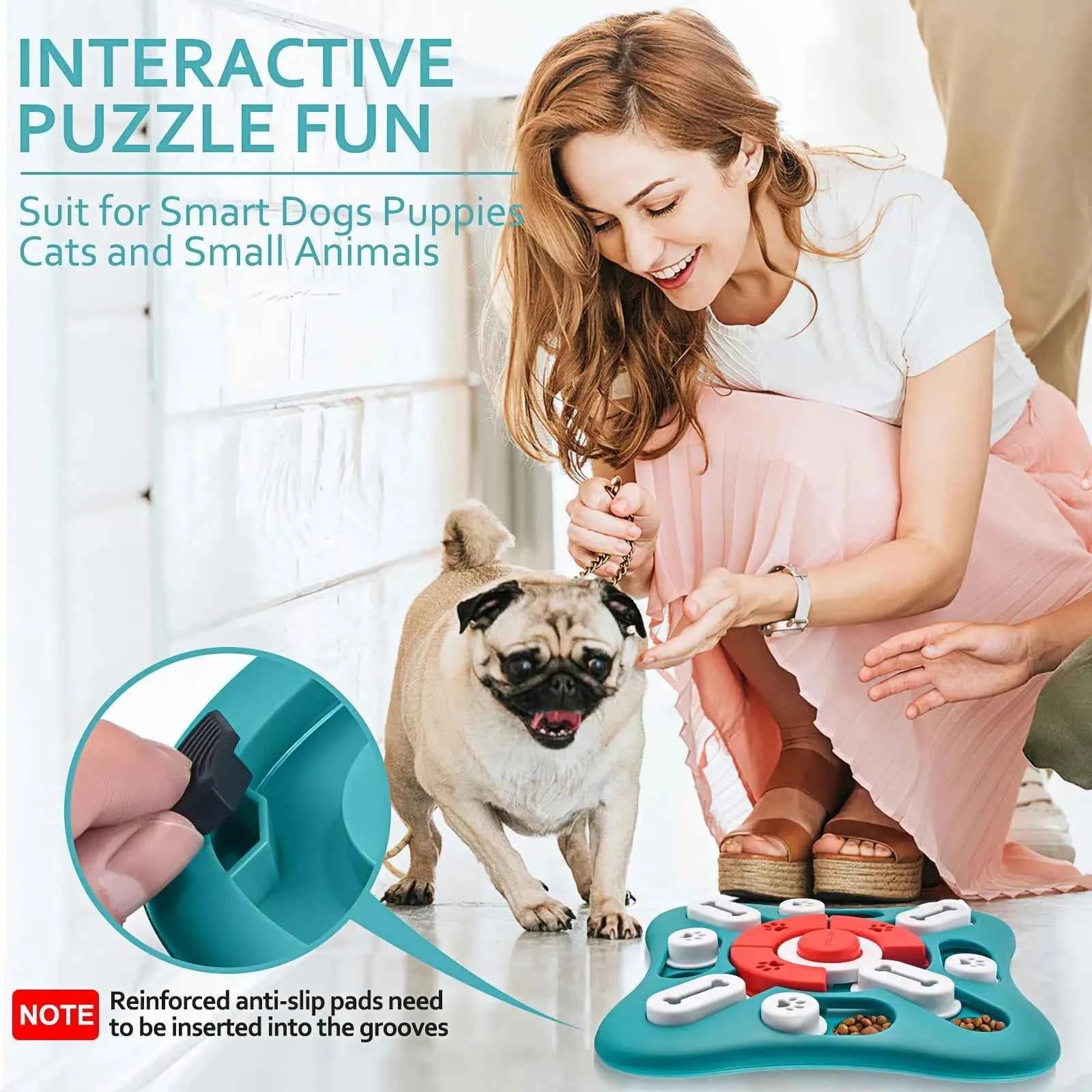 Woman playing with pug and an interactive dog puzzle toy designed for smart dogs and small animals