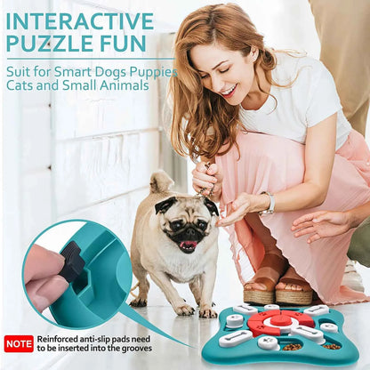 Woman playing with pug and an interactive dog puzzle toy designed for smart dogs and small animals