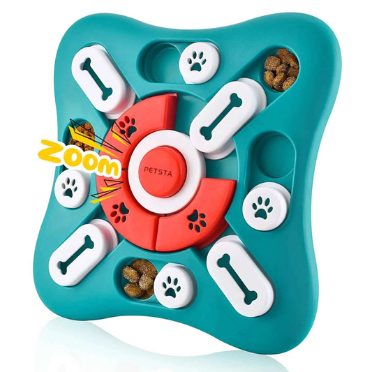 DFShop interactive dog puzzle toy in teal with rotating compartments and treat slots for pet enrichment