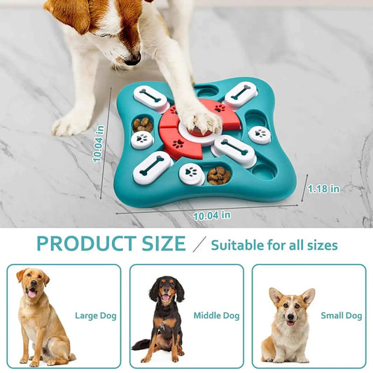 Interactive dog puzzle toy in blue and red with compartments for treats, suitable for large, middle, and small dogs