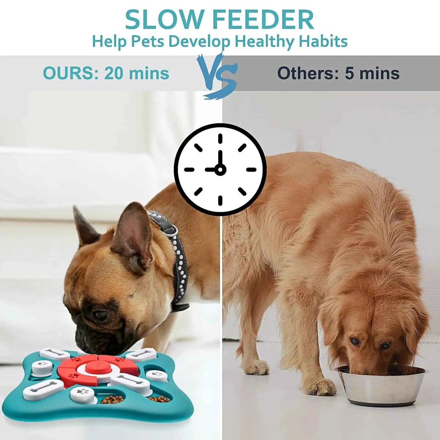 Dog using interactive dog puzzle toy slow feeder on left versus fast eating dog with bowl on right