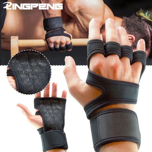 Black weightlifting gym gloves with wrist support and padded grip designed for gym workouts