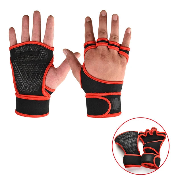 Black and red weightlifting gym gloves with wrist support and fingerless design for better grip