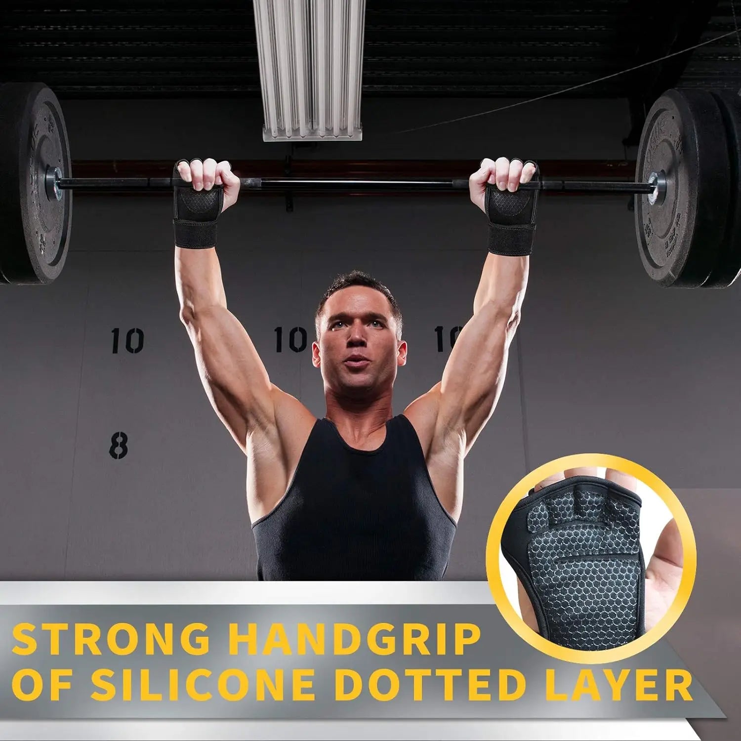 Man lifting barbell wearing black weightlifting gym gloves with silicone dotted handgrip for strong grip