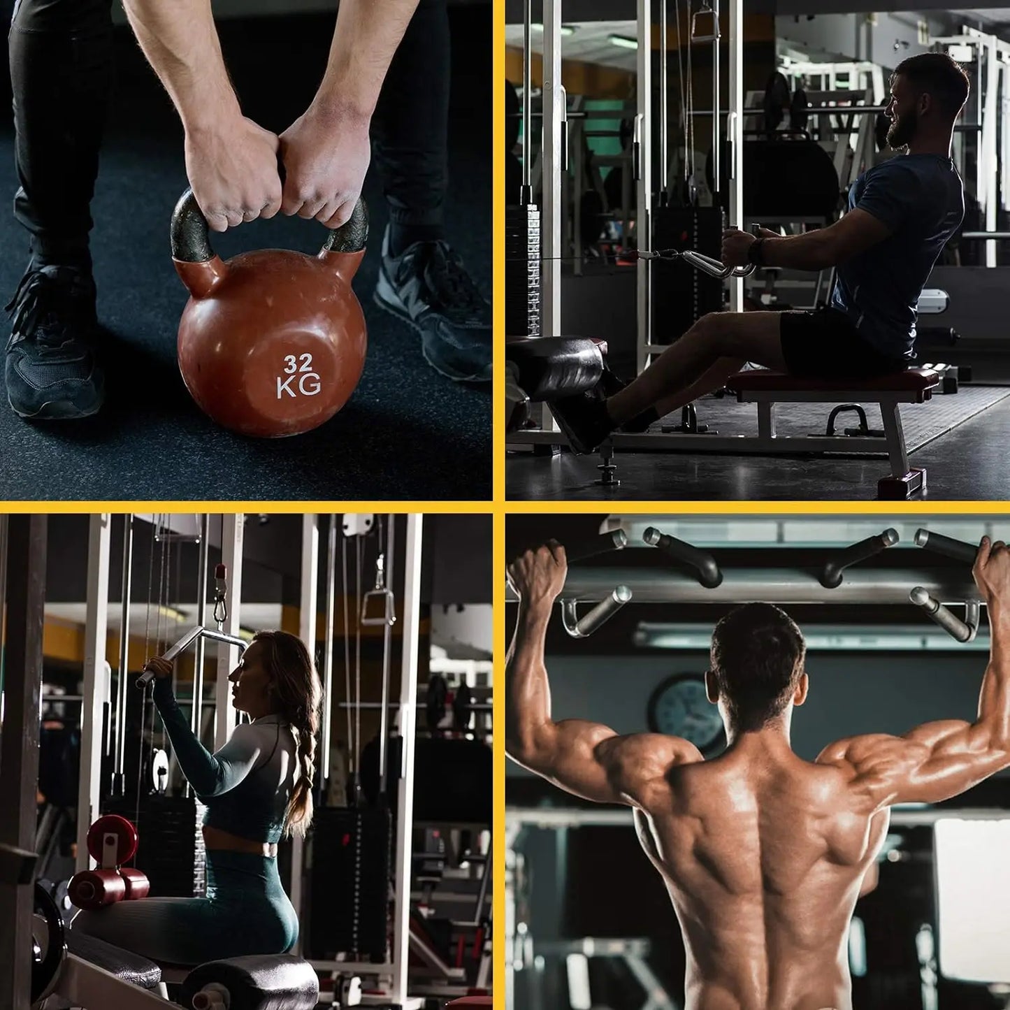 Collage of gym workouts featuring weightlifting gym gloves in use during kettlebell and machine exercises