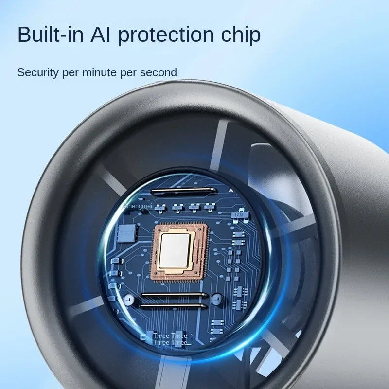 Close-up of portable bladeless hand fan showing built-in AI protection chip for security