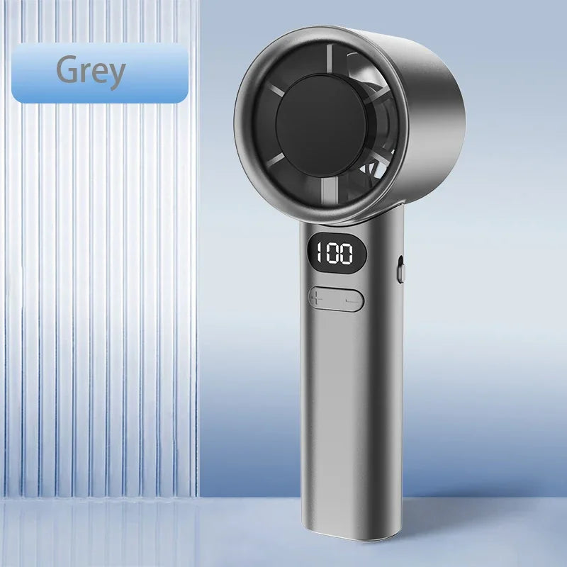 Grey portable bladeless hand fan with digital display and sleek modern design