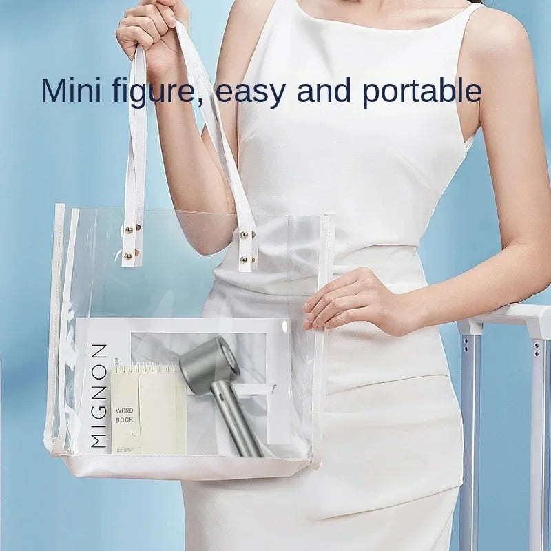 Clear tote bag held by woman showing portable bladeless hand fan inside with mini figure and easy portability