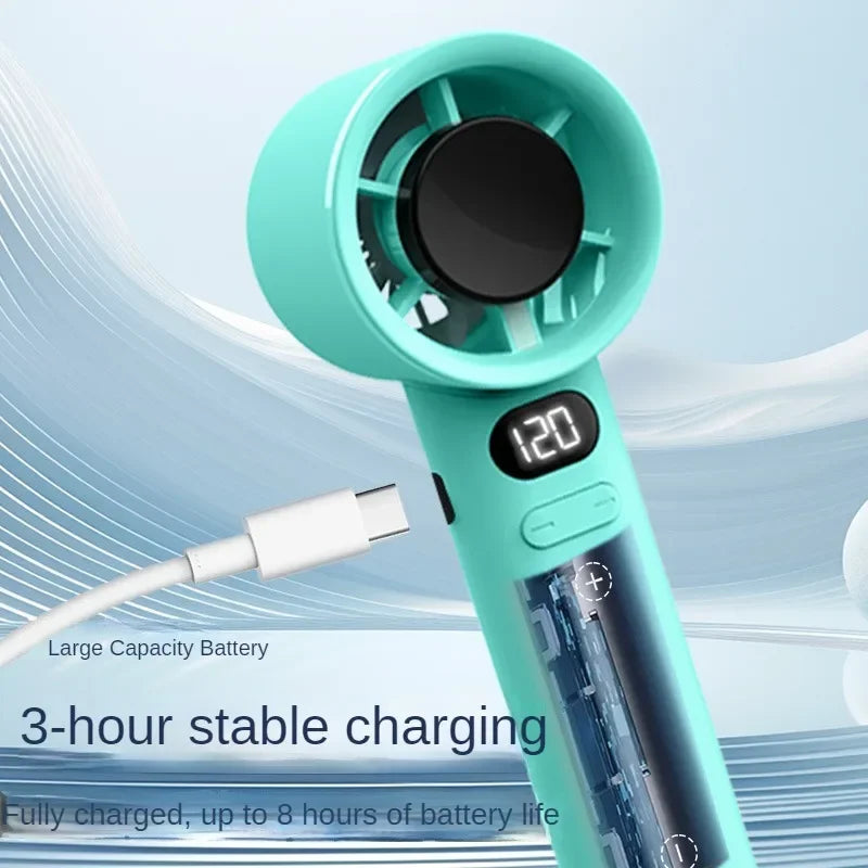 DFShop portable bladeless hand fan in turquoise with digital display and USB charging cable