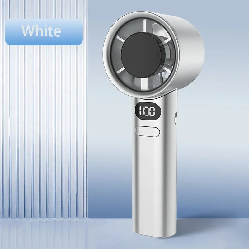 White portable bladeless hand fan with digital display and sleek modern design