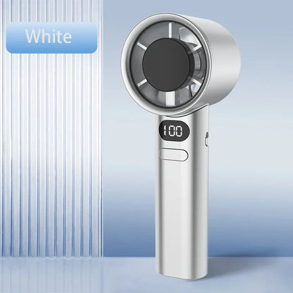 White portable bladeless hand fan with digital display and sleek modern design