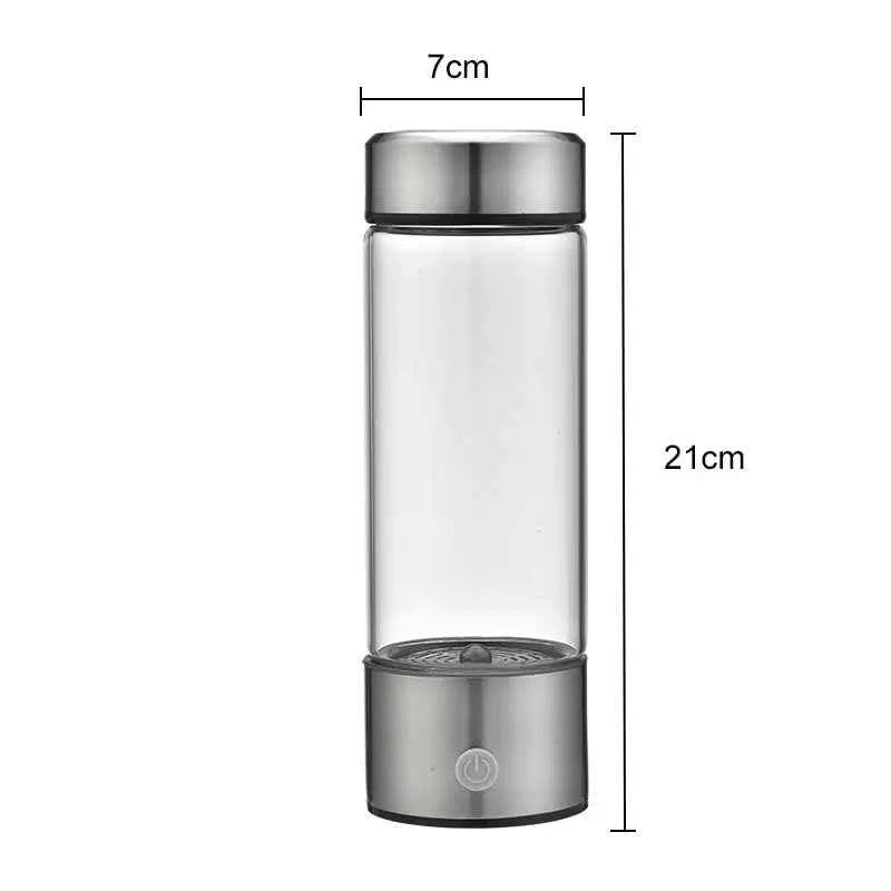 Compact portable hydrogen water generator with stainless steel top and base measuring 21cm tall and 7cm wide