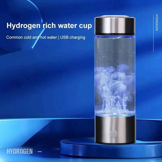 Portable hydrogen water generator sleek glass cup with stainless steel top and bottom, USB charging and hydrogen rich water